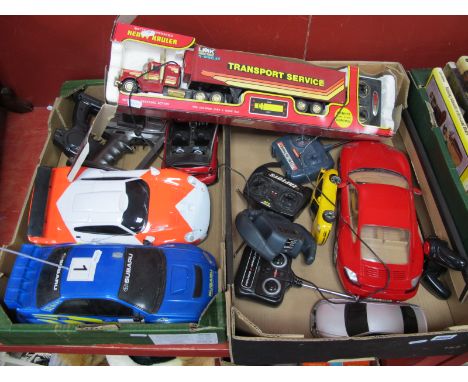 Seven Plastic Radio/Remote Controlled Toy Vehicles, by Zap Toys, Dickie and other, including Subaru STi WRX, Porsche 911, Hen