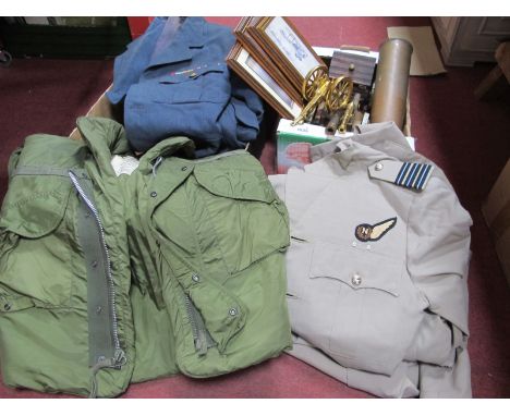 Flak Jacket, military uniforms, brass shell case, canons, prints:- One Box and Tray