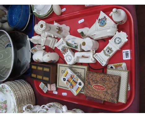 A Quantity of Mid XX Century Crested Ware, (sixteen pieces). plus a vintage pegboard, draughts, playing cards, etc:- One Tray