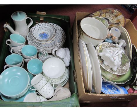 Poole of Allertons Table Pottery, ribbon plates, Worcester Hop 'Mathew' Clock, Imari and collectors plates, etc:- Two Boxes