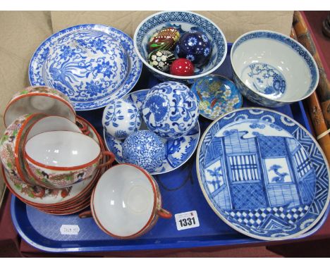 Oriental Chinese Blue &amp; White Circular Dish, 20cm diameter, bowl (repaired) 14.5cm, ceramic balls, etc:- One Tray.