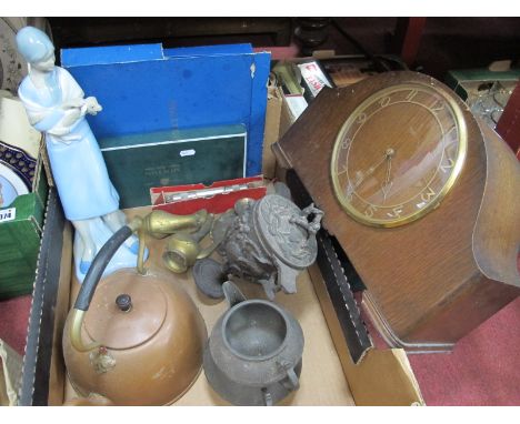 An Oak Mantle Clock, vine leaf decorated soft metal goblet and cover, copper kettle, other metal ware. Worcester cake plate, 