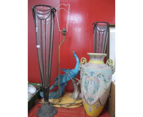 An Exotic Bird Table Lamp, pair of metal bound conical glass vase, 66cm high, Japanese hexagonal vase. (4) 