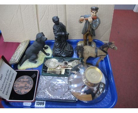 Stuart Devlin Stainless Steel Bowl, 13cm, damaged, silver fronted W.I diary, coal figure, etc:- One Tray