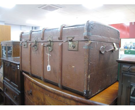 John Ross Travel Trunk, hessian covered with inner tray and wooden enforcers, approximately 93cm wide.