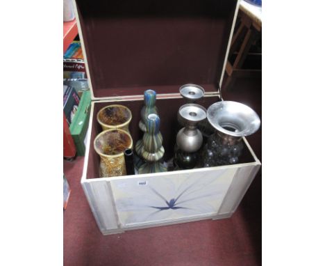 Glass Vases, candlesticks (9) in wooden trunk.