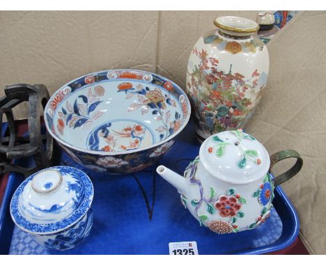 Oriental - Chinese ceramic tea pot with encrusted floral decoration and metal handle (finial absent). Japanese hexagonal vase