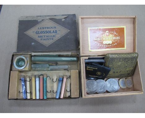 Lustrous Glossolar Metallic Prints, Oriental inspired cigarette case, Two x Two Pound Coins, nine crowns.