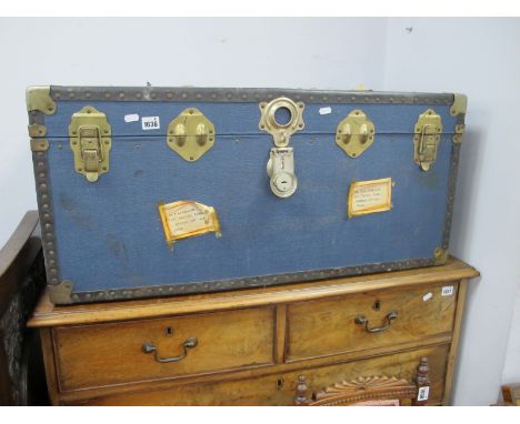 A Substantial Early XX Century Blue and Black Steamer/Travel Trunk, 90cm wide, 51cm deep, 42cm high.