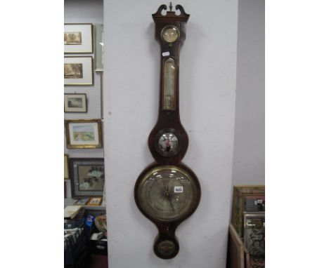 Luppi and Solcha, Hull XIX Century mahogany wheel barometer with boxwood stringing, swan neck top, dry damp, thermometer, But
