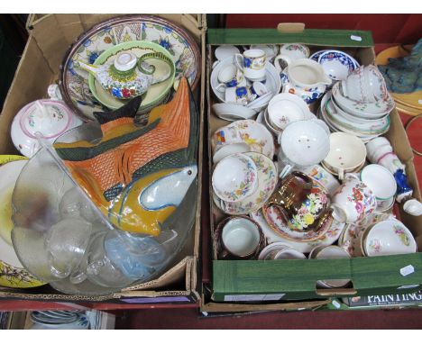 XIX Century Hand Painted Tea Bowls and Saucers, shaving mug, lustre jugs, glass punch bowl and cups, Wilkinsons honey glaze b