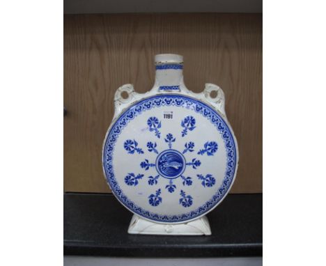 A Minton Pottery Moon Flask Vase, in blue and white with bird to centre and flowers surrounding (damaged), 44cm high.