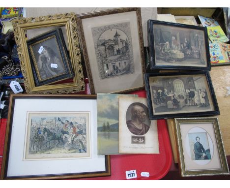 XIX Century Miniature Watercolour, study of a seated religious figures, 7.5 c 6cm, engraving of Lord Clifford, Doctor Syntax 