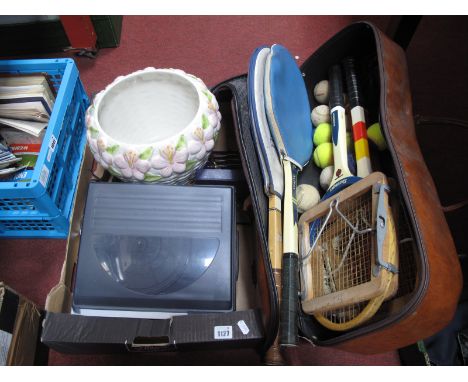 Proteam Record Player, (untested: sold for parts only), tennis rackets, jardiniere on stand, etc.