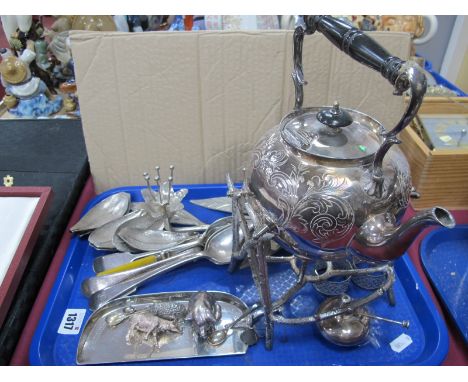 Plated Spirit Kettle, on naturalistic stand, cutlery, napkin rings, model animals:- One Tray