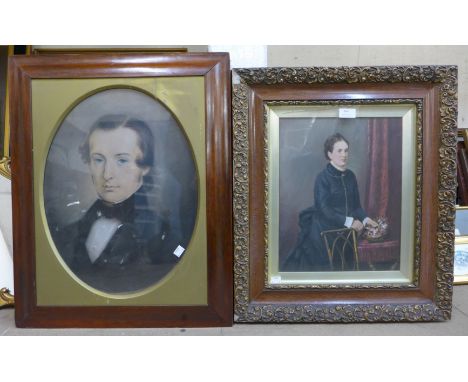 English School (early 20th Century), oval portrait of a gentleman, pastel and a Victorian overpainted print of a lady 