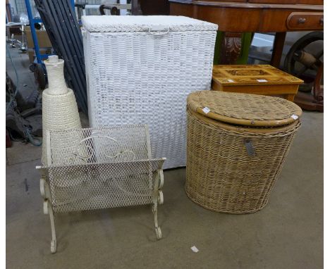 Assorted wicker ware, a magazine rack, table lamp, etc. 