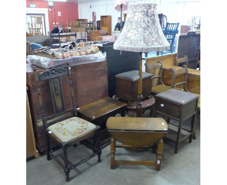 An oak sewing table, two oak occasional tables, a standard lamp, etc. 