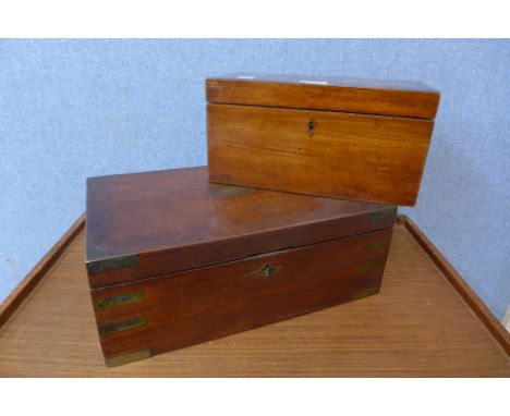 A Victorian mahogany and brass mounted writing slope and a George III mahogany tea caddy 