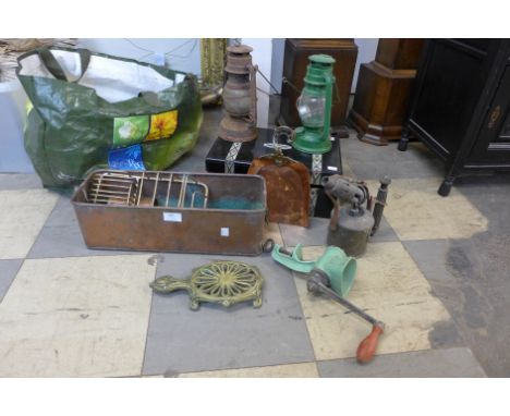 A Victorian inlaid and mother of pearl writing slope, metalware, Tilley lamps, etc. 