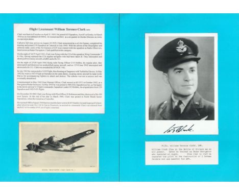 William Terence Montague Clark DFM 219 sqn signed 7 x 5 b/w photo in Uniform and biography and vintage Beaufighter postcard W