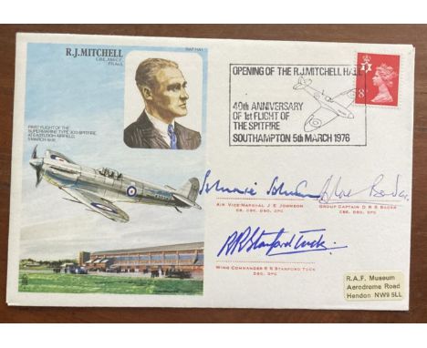 HA1d. R Mitchell Signed by 3 Spitfire Aces, J E Johnson, A Bader and Stanford Tuck. 5 Mar 1976 Southampton Opening of the R. 