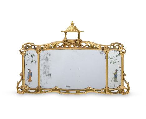 A CARVED GILTWOOD MIRROR  IN GEORGE III STYLE, IN THE MANNER OF THOMAS CHIPPENDALE, 19TH CENTURY The side plated with Chinois