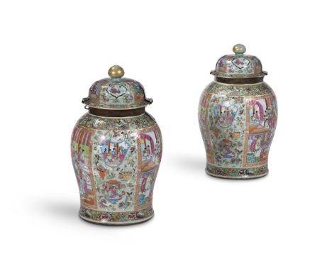 A LARGE PAIR OF CHINESE CANTON EXPORT FAMILLE VERTE TEMPLE JARS AND COVERS  LATE 19TH CENTURY  Decorated to the body with pan