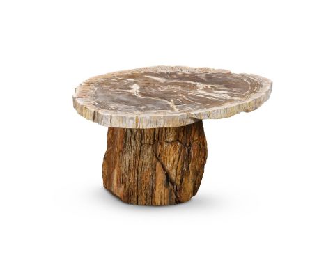 A PART POLISHED PETRIFIED WOOD CENTRE TABLE The top sliced in cross section, the trunk base with textured edges 58cm high, th