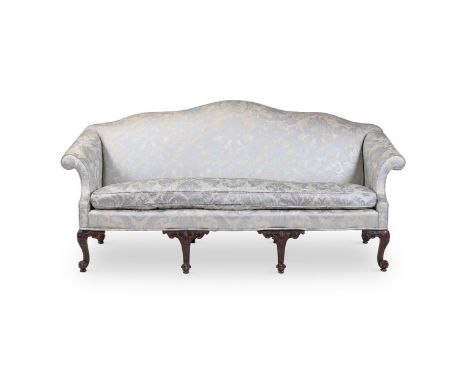 A CARVED MAHOGANY AND UPHOLSTERED SOFA IN GEORGE III STYLE, IN THE MANNER OF JOHN COBB, 20TH CENTURY 99cm high, 213cm wide, 8