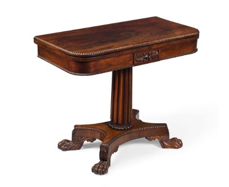 Y&nbspA GEORGE IV ROSEWOOD FOLDING CARD TABLE STAMPED GILLOWS LANCASTER, CIRCA 1825 The hinge and rotating top opening to a b