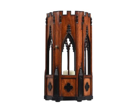 Y &nbspAN UNUSUAL PADOUK, EBONY AND MAHOGANY TABLE LANTERN IN THE GOTHIC TASTE, 19TH CENTURY Possibly Anglo-Chinese or Anglo-