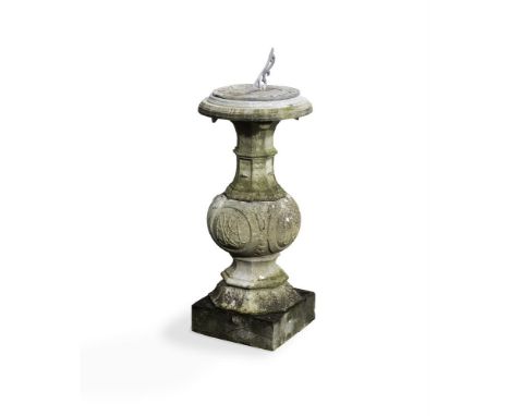 A LEAD AND COMPOSITION STONE PEDESTAL SUNDIAL  20TH CENTURY  With a 17" lead sundial plate, with winged hourglass flanked by 