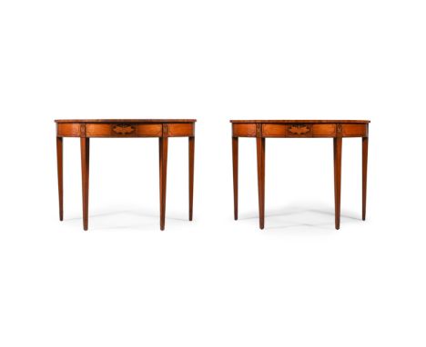 Y&nbspA PAIR OF EDWARDIAN SATINWOOD, TULIPWOOD CROSSBANDED AND INLAID DEMI-LUNE CONSOLE TABLES IN GEORGE III STYLE, CIRCA 190