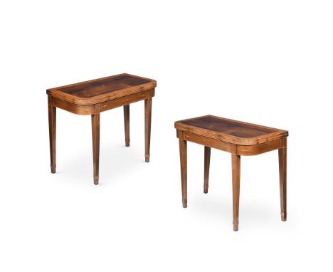 
	
		Y&nbspA PAIR OF GEORGE III ROSEWOOD AND SATINWOOD CROSSBANDED CARD TABLES
		CIRCA 1790
		each 73cm high, 90cm wide, 44cm