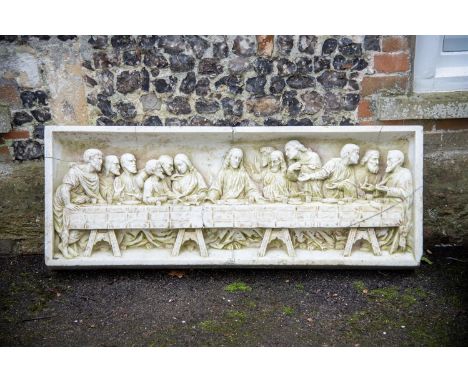 A LARGE ITALIAN CARVED CARRARA MARBLE PLAQUE DEPICTING THE LAST SUPPER AFTER MICHELANGELO  19TH CENTURY  136.5cm wide, 51.5cm