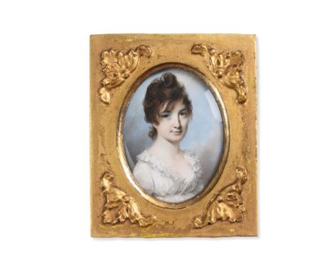 Y&nbspGEORGE ENGLEHEART (1750-1829) A PORTRAIT MINIATURE OF A YOUNG WOMAN  In a glazed giltwood frame, wearing a white dress 