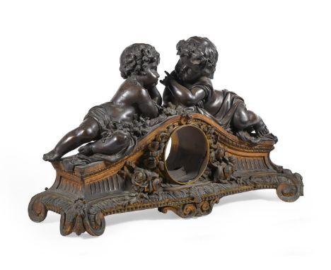 A LARGE FRENCH BRONZE MANTEL CLOCK CASE  AFTER CARRIER BELLEUSE, LATE 19TH CENTURY The substantial bronze and mixed metal cas