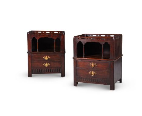 AN UNUSUAL PAIR OF GEORGE III MAHOGANY TRAY TOP BEDSIDE CUPBOARDS CIRCA 1780 Incorporating rare features of distinctive pierc