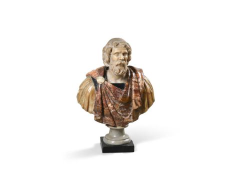 AFTER THE ANTIQUE, A MARBLE AND HARDSTONE CLASSICAL BUST  19TH CENTURY AND LATER   With later inset head of a philosopher, po