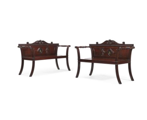A FINE PAIR OF MAHOGANY HALL BENCHES AFTER A DESIGN BY JAMES WYATT, POSSIBLY BY MACK, WILLIAMS & GIBTON CIRCA 1820-1840 each 