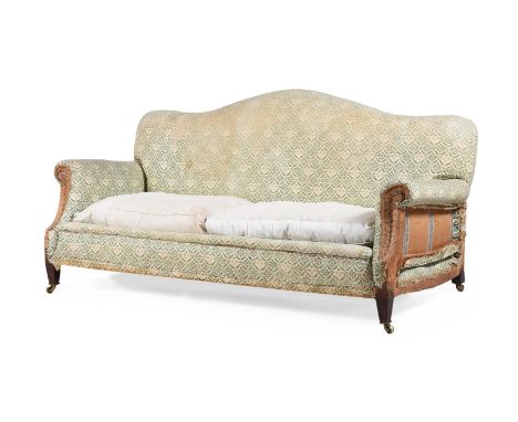 A MAHOGANY, BEECH AND UPHOLSTERED SOFA BY HOWARD & SONS, LATE 19TH OR EARLY 20TH CENTURY The castors stamped 'HOWARD & SONS, 