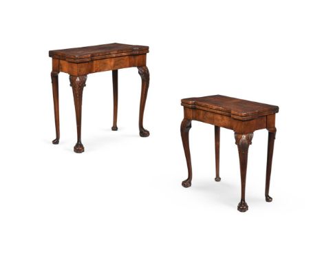 A CLOSELY MATCHED PAIR OF WALNUT CONCERTINA ACTION CARD TABLES  IN 18TH CENTURY STYLE, LATE 19TH OR EARLY 20TH CENTURY The hi