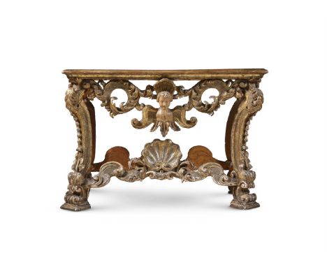 A CARVED GILTWOOD AND LUMACHELLA MARBLE CONSOLE TABLE ITALIAN, FIRST HALF 18TH CENTURY 81.5cm high, 123cm wide, 66cm deep   C