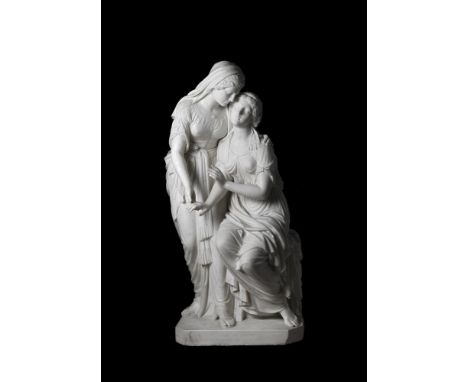 JOHN WARRINGTON WOOD (1839-1886) A CARVED MARBLE GROUP 'SISTERS OF BETHANY'  DATED 1876  Depicting the scene as told in the G