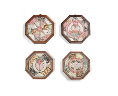 Y&nbspA GROUP OF FOUR SHELLWORK SAILOR'S VALENTINES  19TH CENTURY  Each in octagonal glazed sealed case, one with "Forget Me 