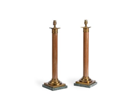 A PAIR OF EMPIRE STYLE MAHOGANY, BRASS AND MARBLE TABLE LAMPS  20TH CENTURY 58.5cm high overall, bases 15.5cm square   Condit