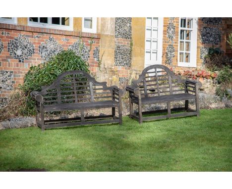 TWO HARDWOOD 'LUTYENS' BENCHES  CONTEMPORARY  The three seat bench, 105cm high, 166cm wide, 61cm deep overall,  The two seat 