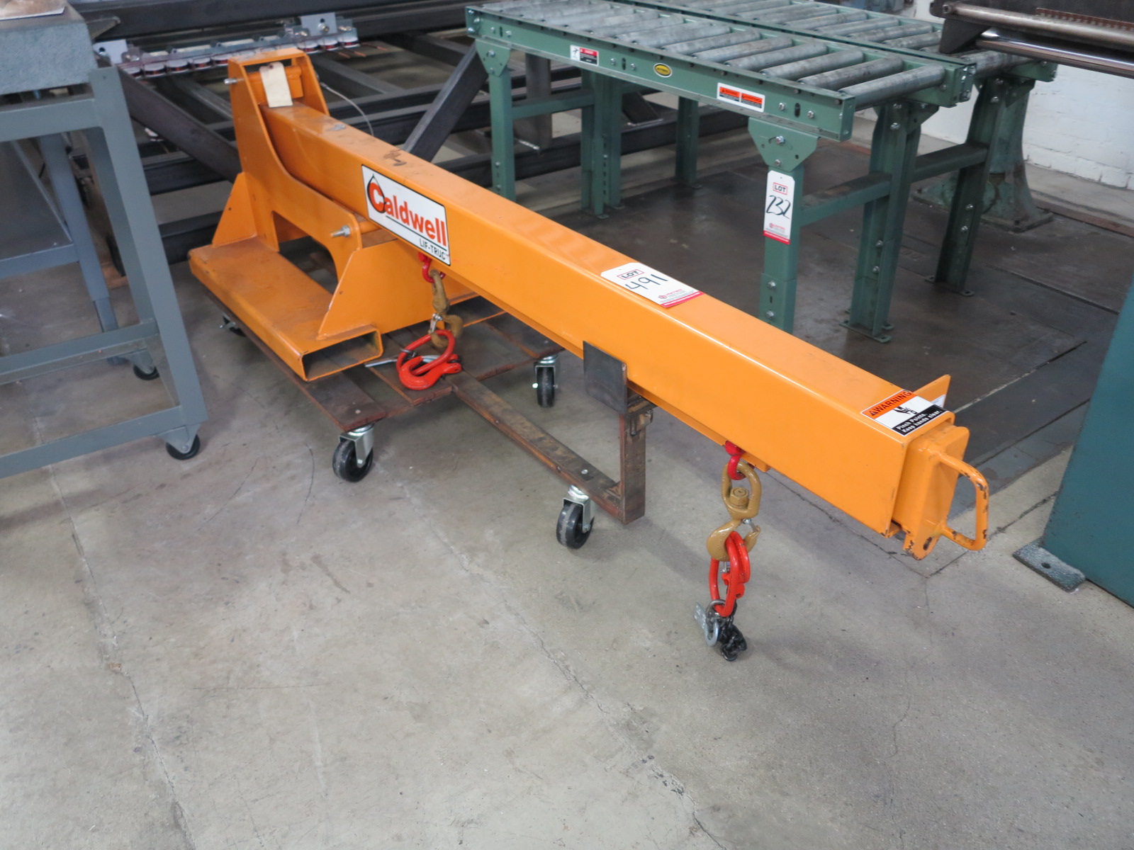CALDWELL LIFTRUC PB40, 4,000 LB FORKLIFT BOOM ARM, W/ SHOP DOLLY, S/N