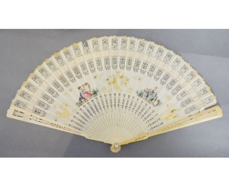 A 19th Century Ivory Fan with Pierced Carved Sticks and Guards, hand painted with a figure playing a harp and highlighted wit